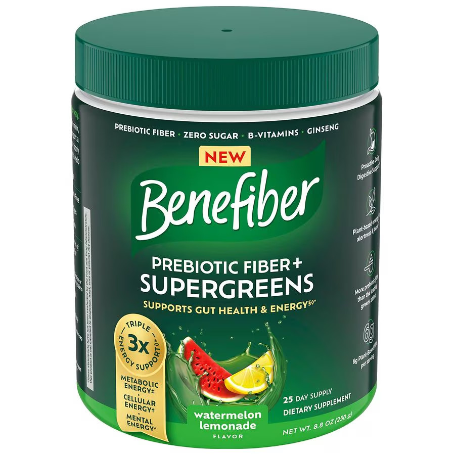 Benefiber Prebiotic Fiber + Supergreens, Watermelon Lemonade, 8.8 Oz, exp1/2027