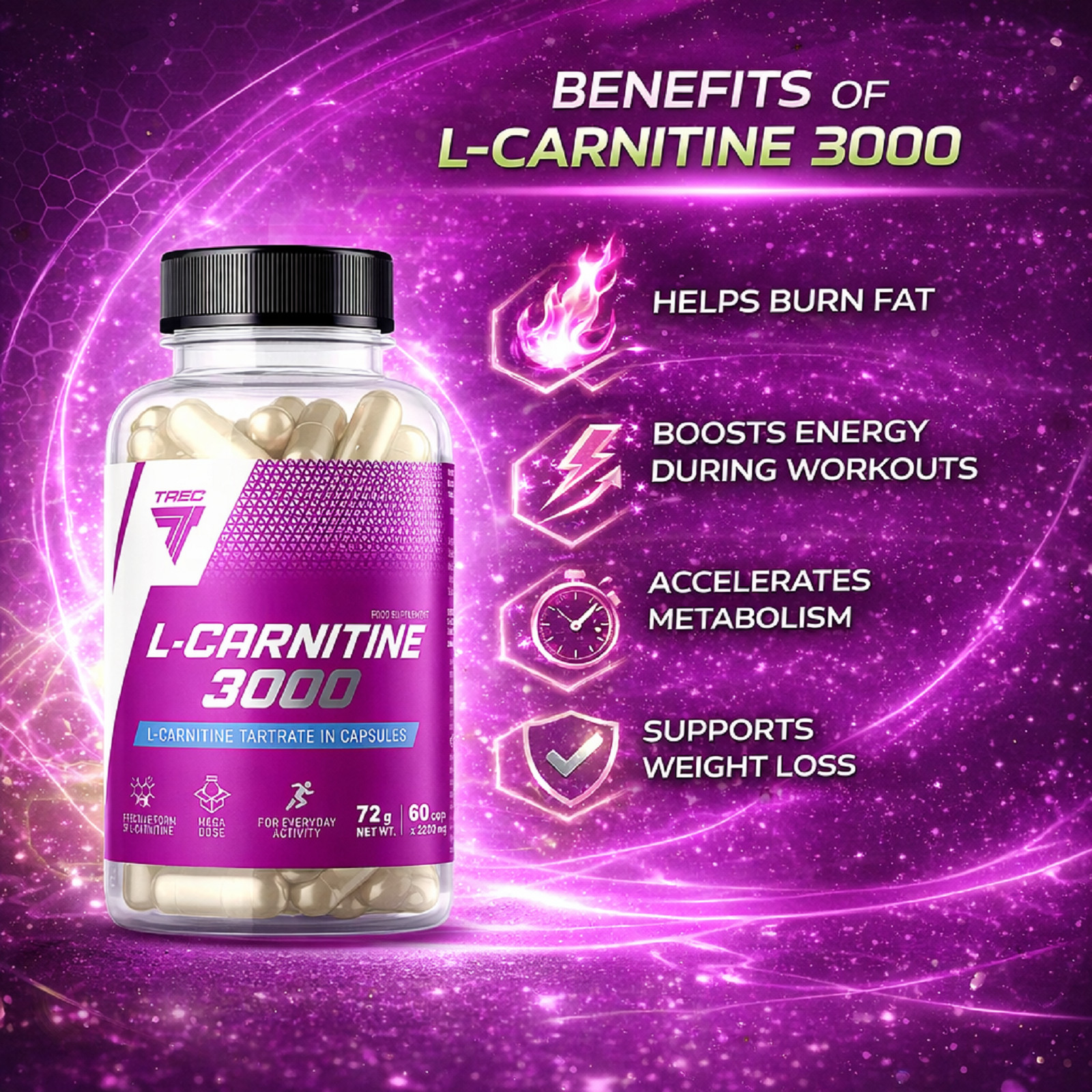L-CARNITINE 3000 mg – 60-120 Capsules – Fat burner Weight loss Endurance Energy