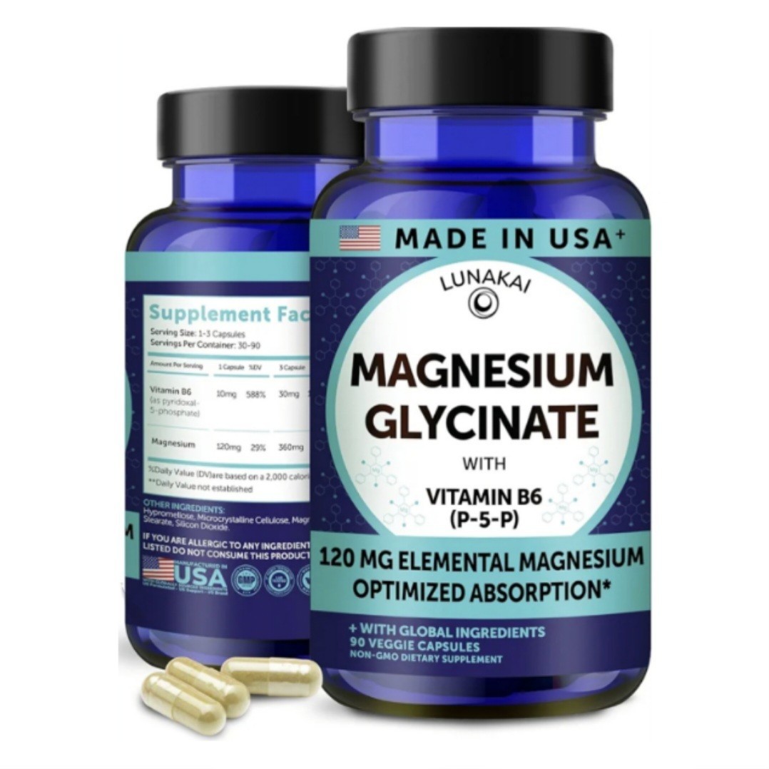 Lunakai USA Made Pure Magnesium Glycinate Capsules 120mg with B6 (P-5-P) 90ct