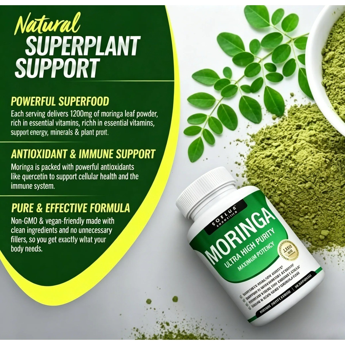 Moringa Capsules–Pure Powder for Immune, Antioxidant & Gut Health Support
