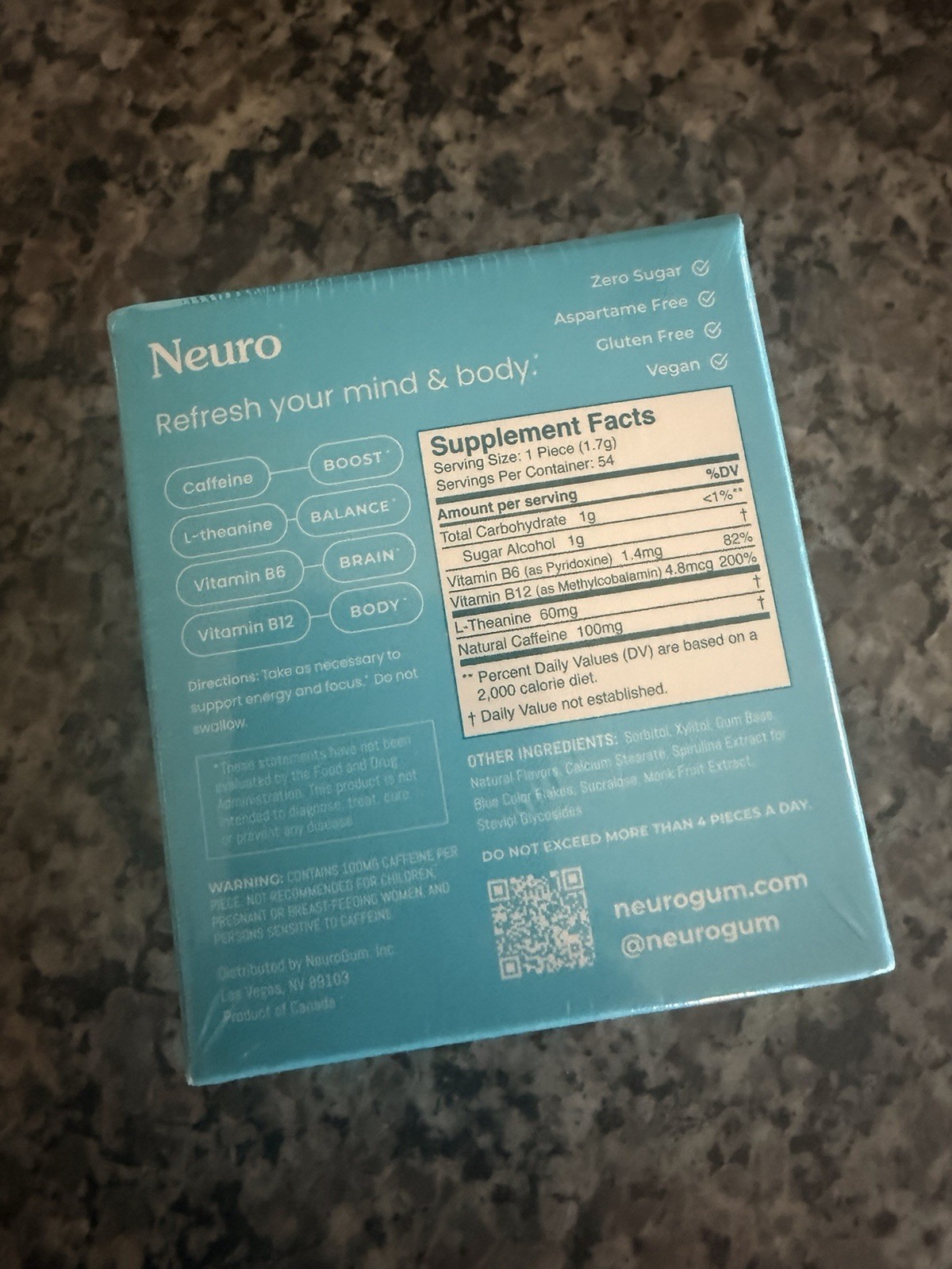 Neuro Energy & Focus Gum Peppermint Zero Sugar Vegan 6 Pack Exp Extra Strength