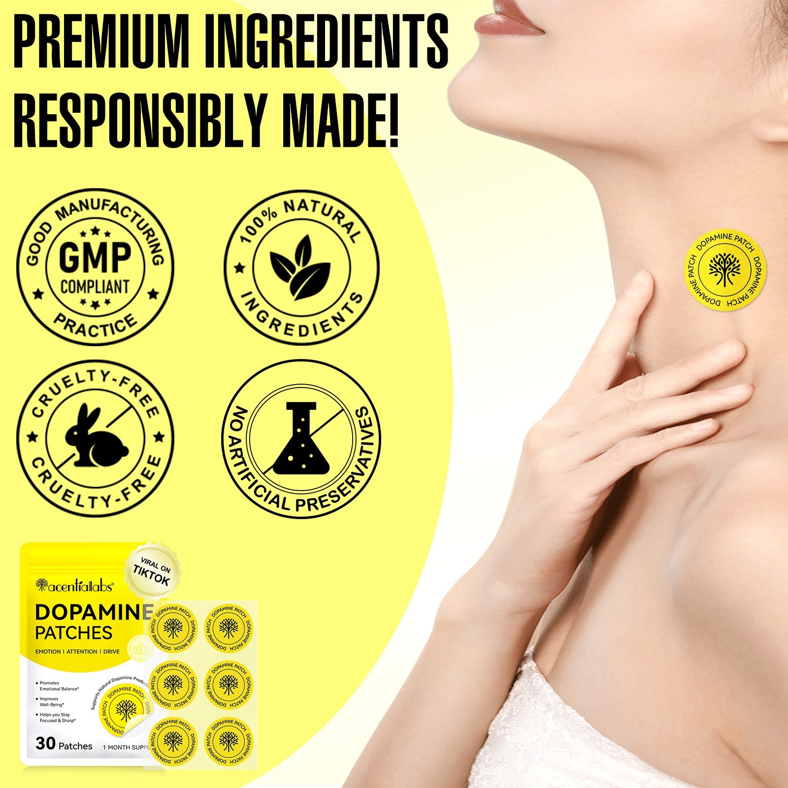 ACENTIALLABS Dopamine Support Patches | Mood, Focus & Mental Clarity | 30 Cts