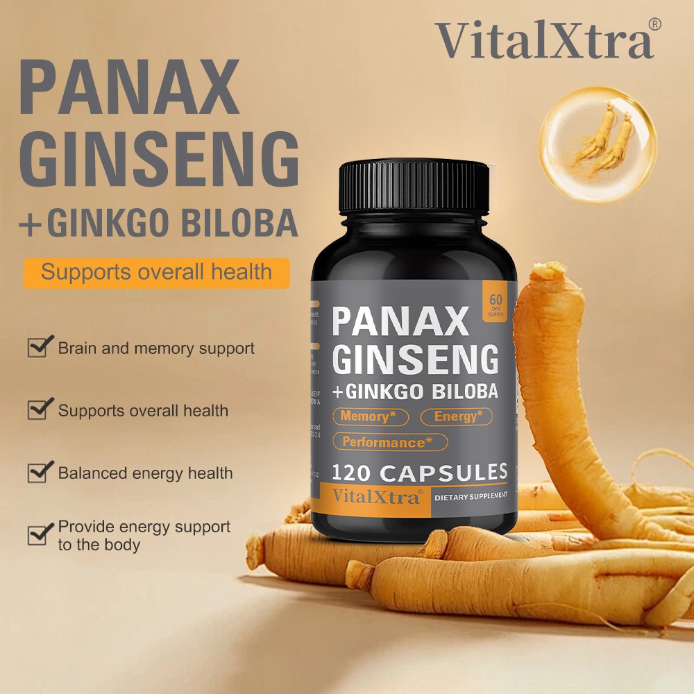 Panax Ginsen 945mg+Ginkgo Biloba 50mg Capsules – Boosts Energy, Focus, Memory
