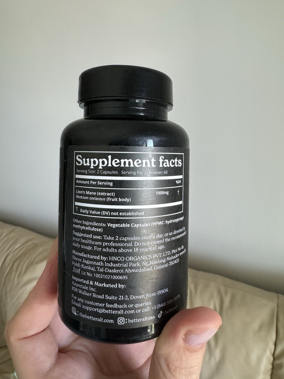 BetterAlt 1000mg Lions Mane Mushroom Capsules | Nootropic Brain Booster |