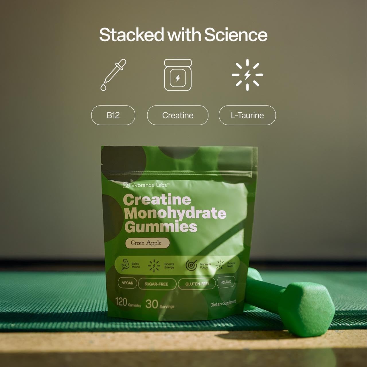 VYBRANCE LABS Creatine Monohydrate Gummies 5g Vegan Sugar-Free Green Apple