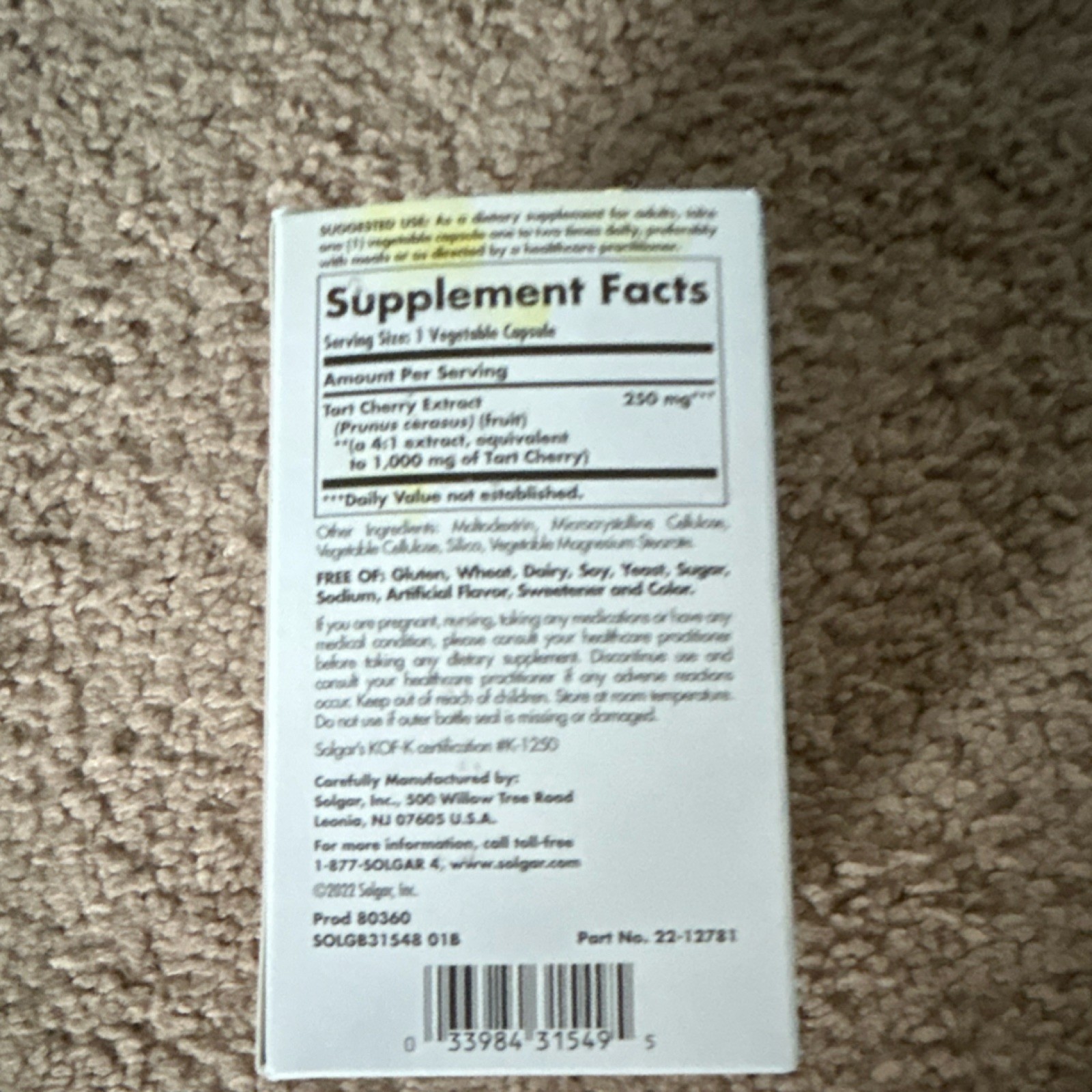 Solgar Tart Cherry Extract 90 Veg Capsules Vegan Gluten-Free Exp 06/2026