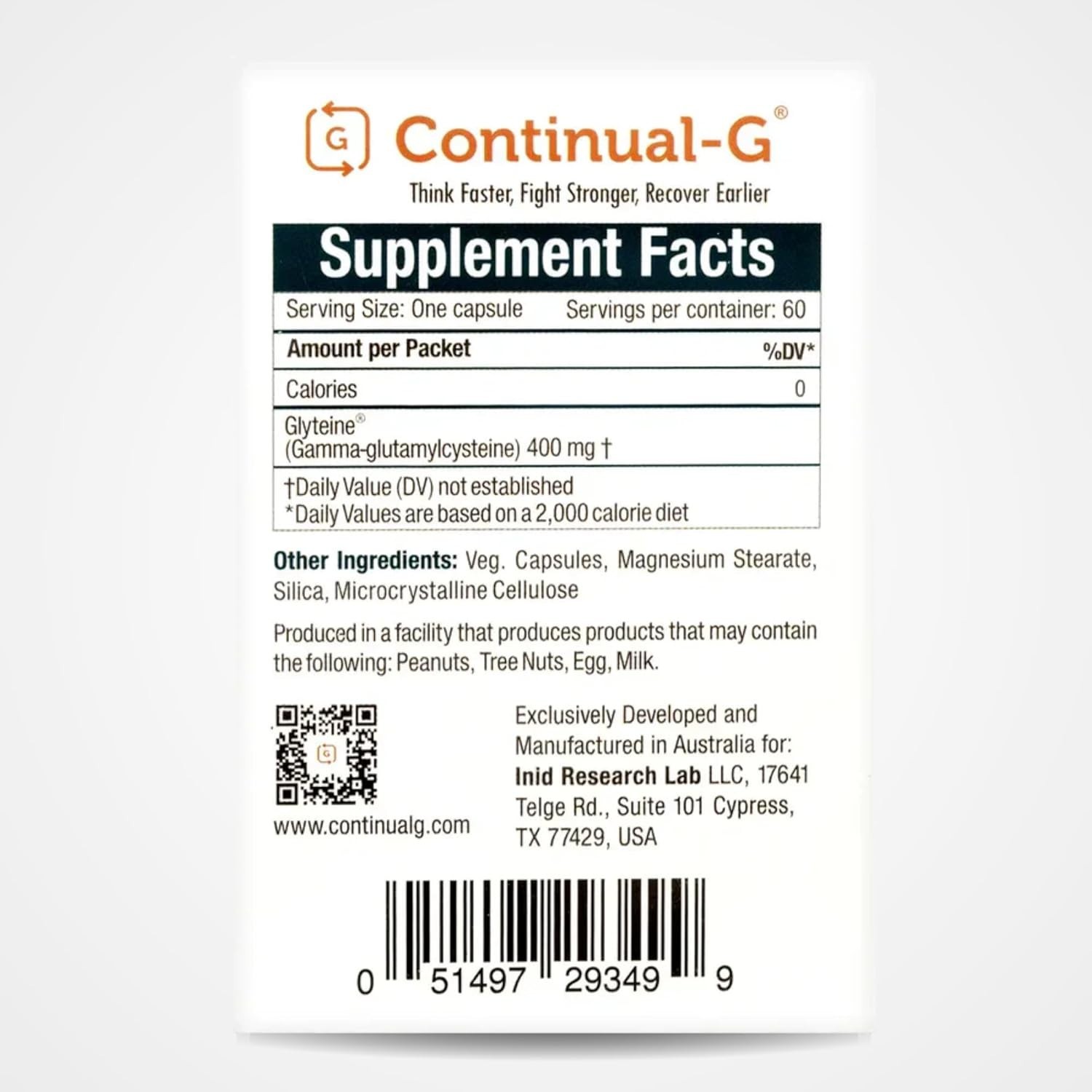 CONTINUAL-G Glyteine 400 mg Capsules Cellular‑Enhancing Glutathione Supplement