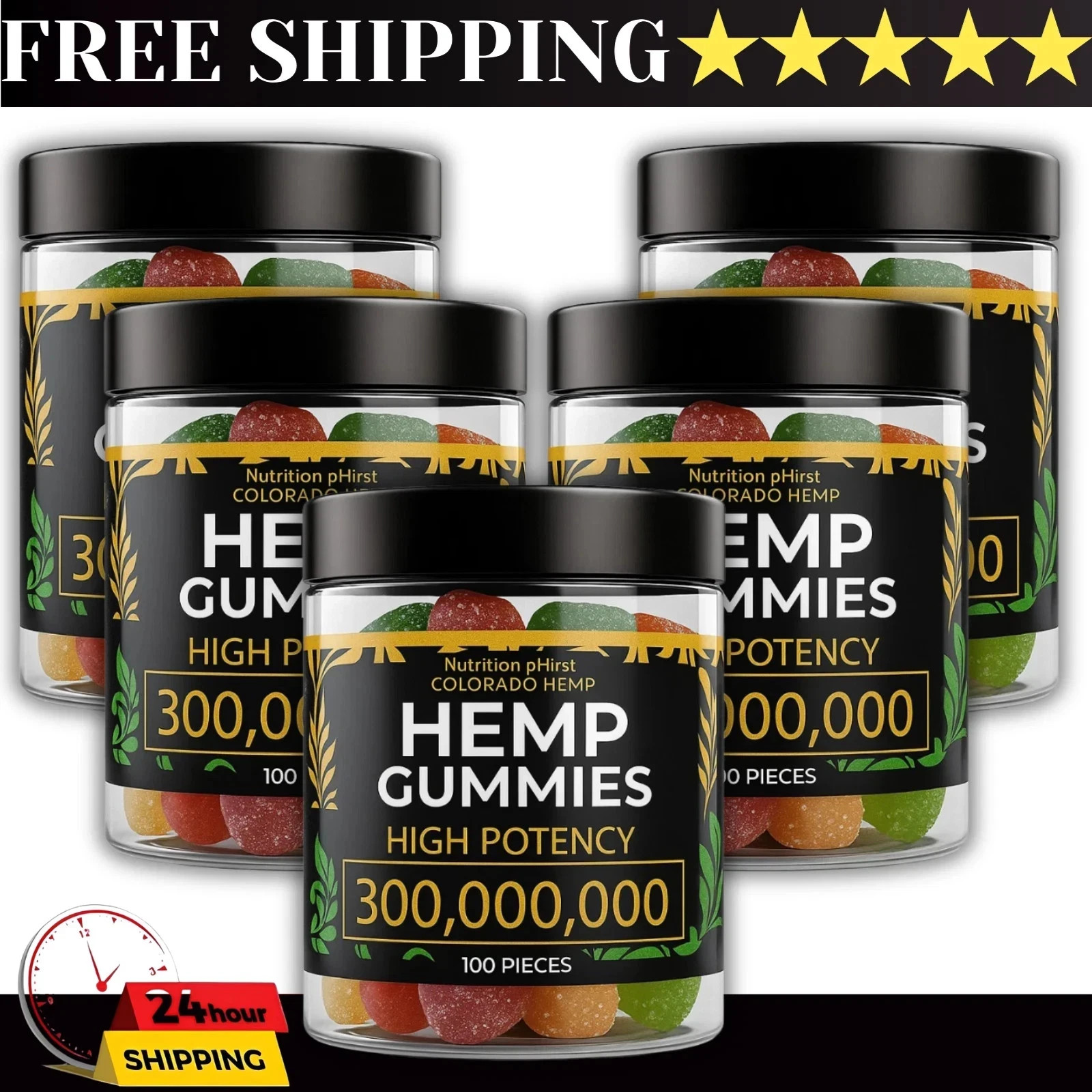 Hemp-Oil Gummies – Vegan – Pain, Sleep, Calm Anxiety Stress -Made in USA – 100ct
