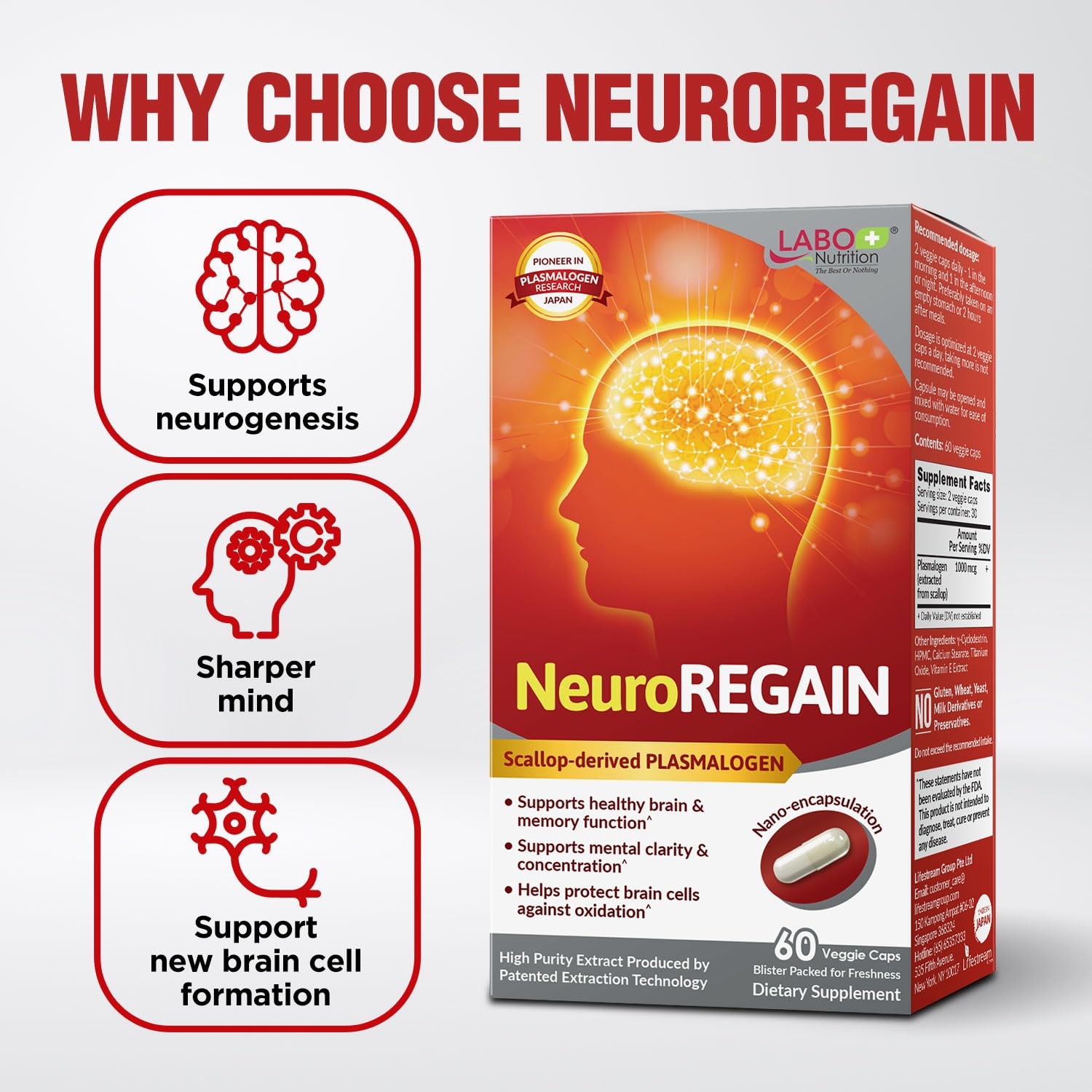 LABO Nutrition NeuroREGAIN – Scallop-derived PLASMALOGEN 60 Count (Pack of 1)