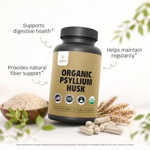 Organic Psyllium Husk Capsules 750 mg, Natural Fiber Supplement for Gut
