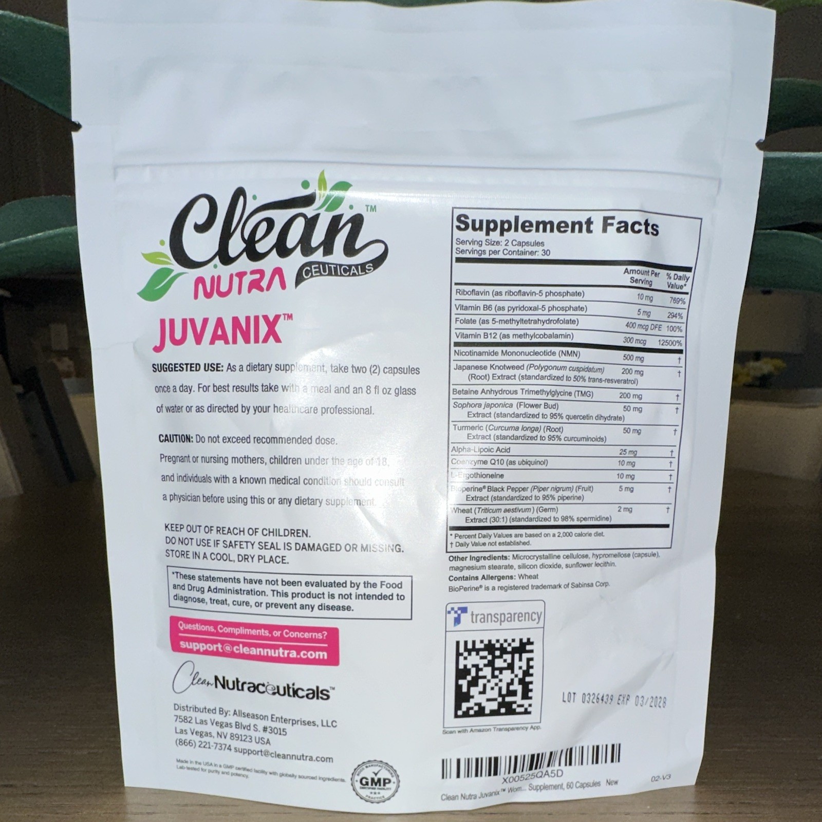 Clean Nutra JuvaniX Women’s NMN 500mg w/ Resveratrol Quercetin CoQ10 TMG 60