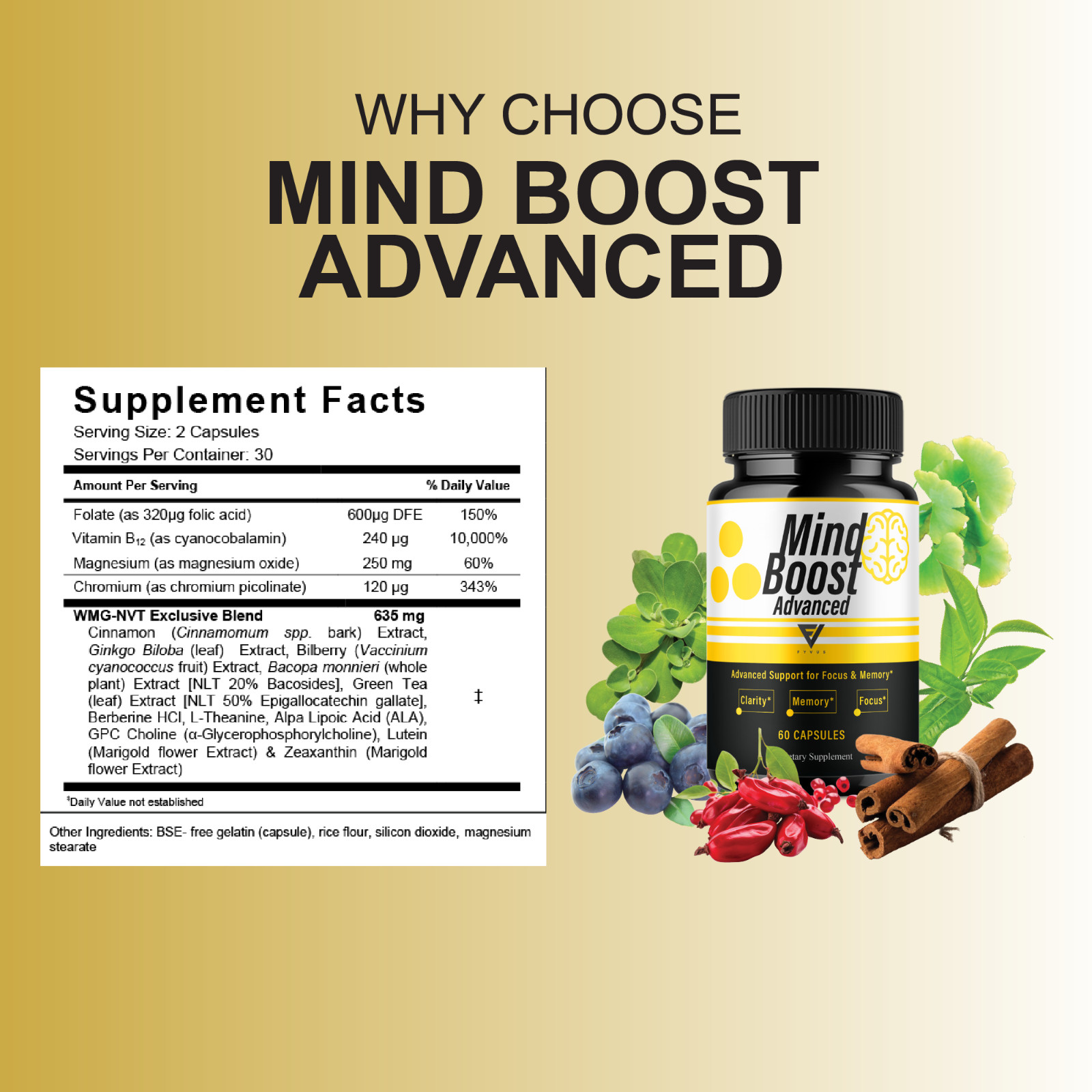 Mind Boost Advanced Premium Nootropic Pills, Mind Boost (60 Capsules)