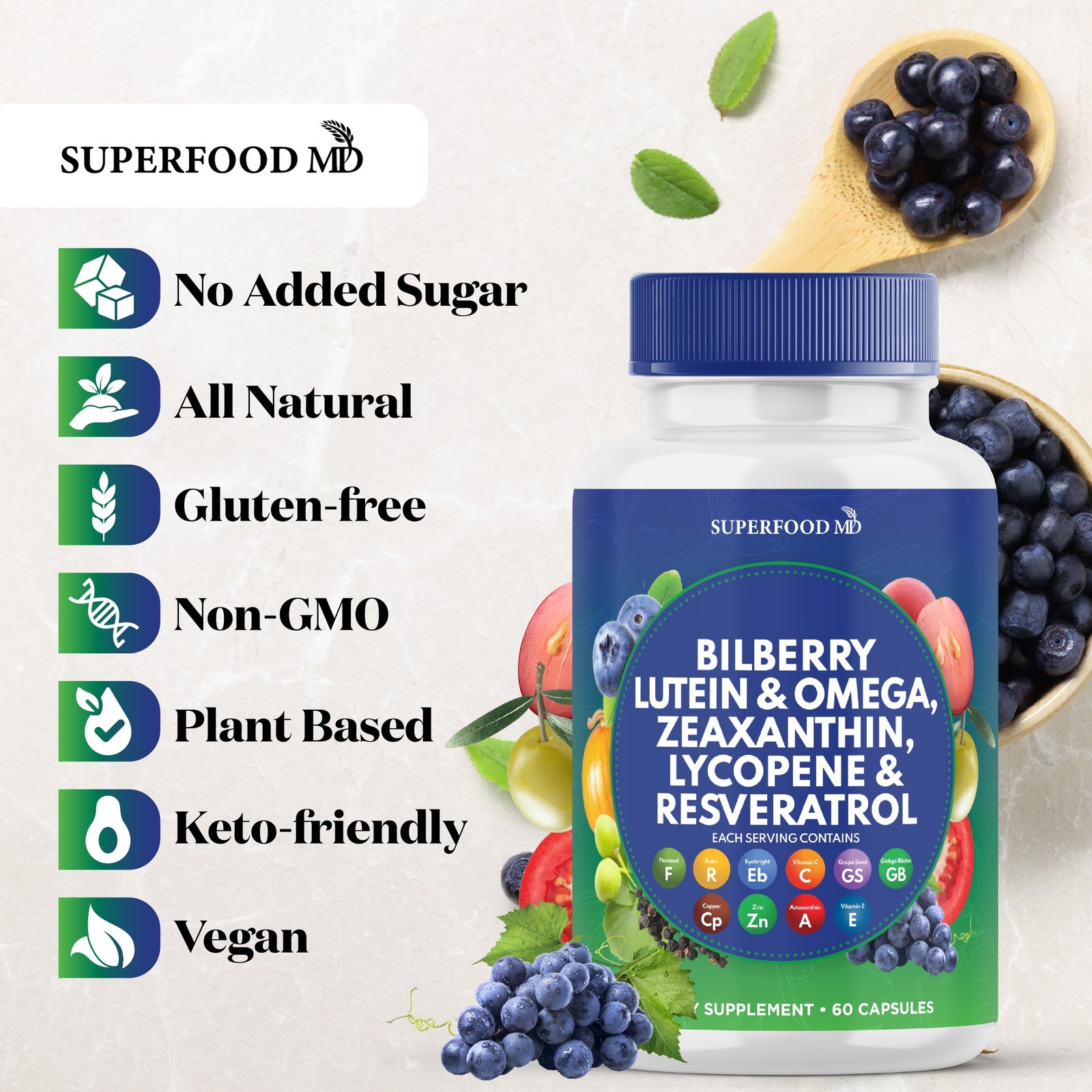 Superfood MD Eye Health Vitamins with Bilberry Lutein Zeaxanthin Lycopene 40…