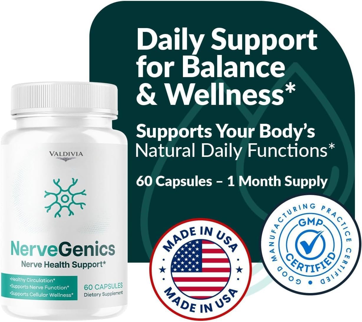 Valdivia NerveGenics 180 Capsules 3 Pack Nerve Support Supplement Made in USA