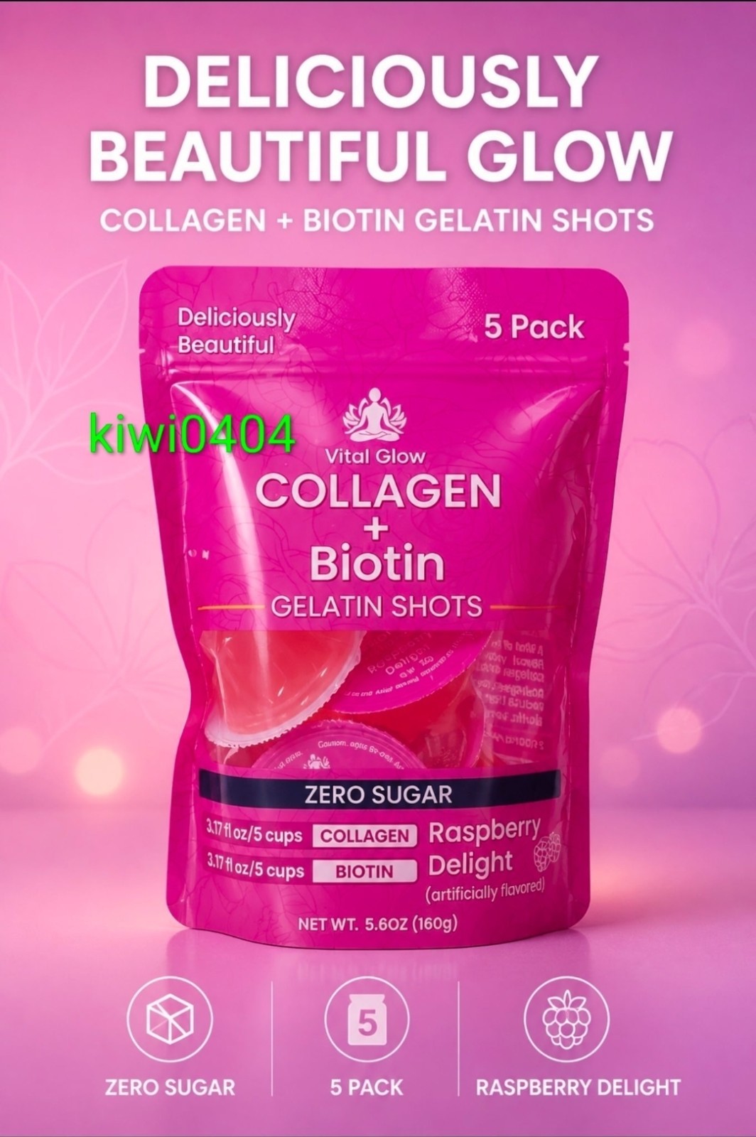 Vital Glow Collagen + Biotin Zero Sugar Gelatin Shots Raspberry Delight 5 Pack