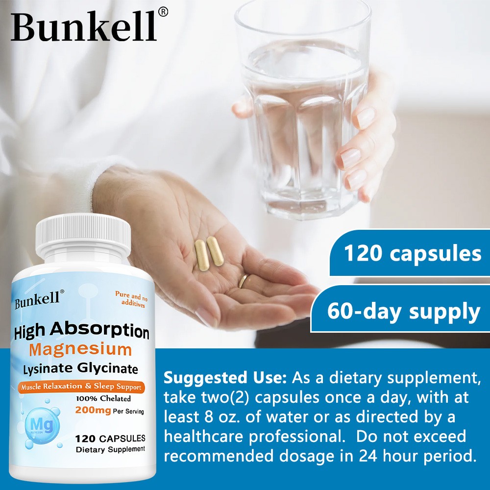 Magnesium Lysinate Glycinate Supplements Supports Muscle Relaxation 120 Capsules