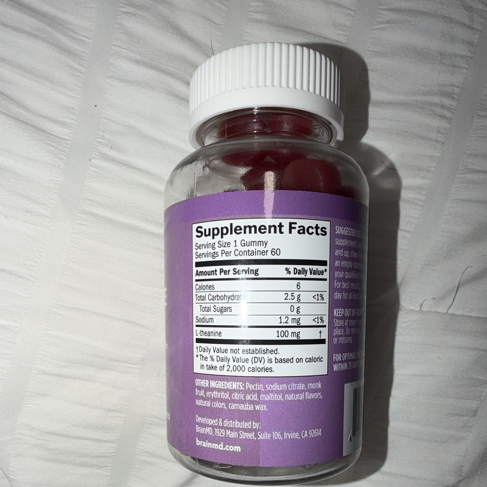 brainMD L-Theanine Gummies 100mg 60 Count Berry Sugar-Free Vegan Gluten-Free