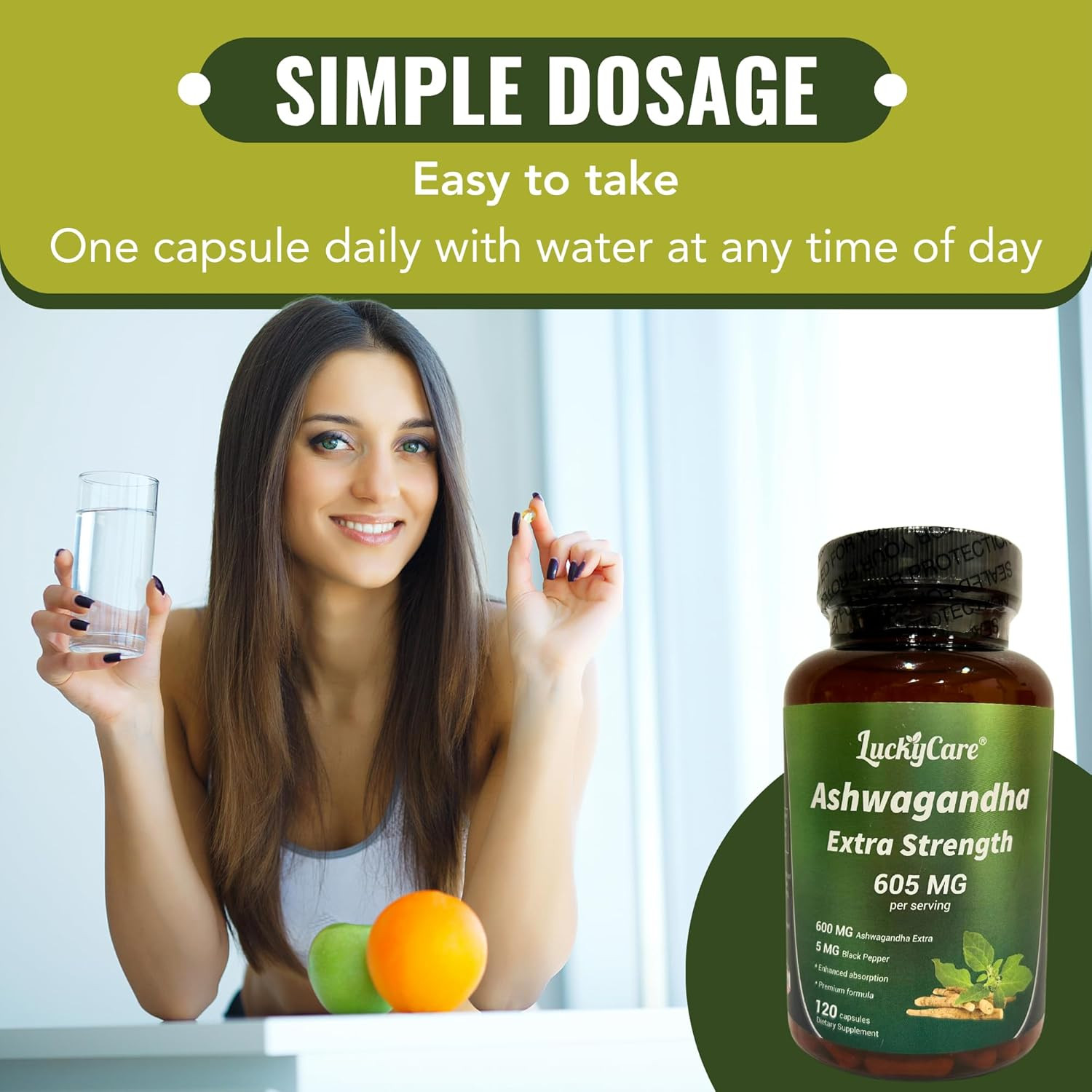 Organic Ashwagandha Capsules 605MG with Black Pepper Root Powder 120 Capsules