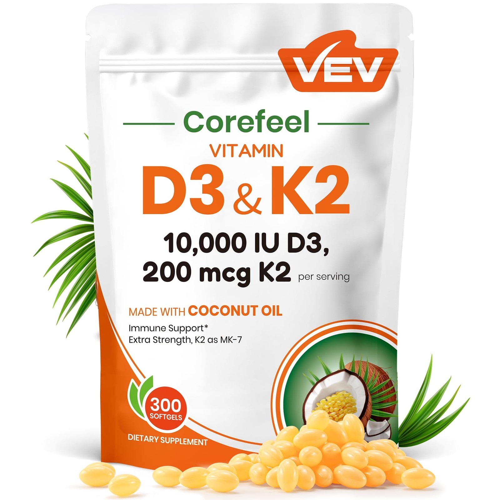HOT-VEV Corefeel Vitamin D3 K2 10,000 IU, 200 mcg 300 Count (Pack of 1), White