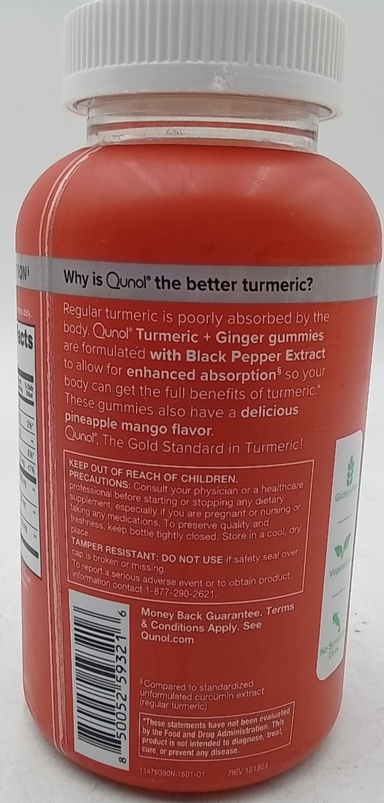 Qunol Gummies Turmeric + Ginger with Black Pepper, 90 Gummies Exp 06/2027