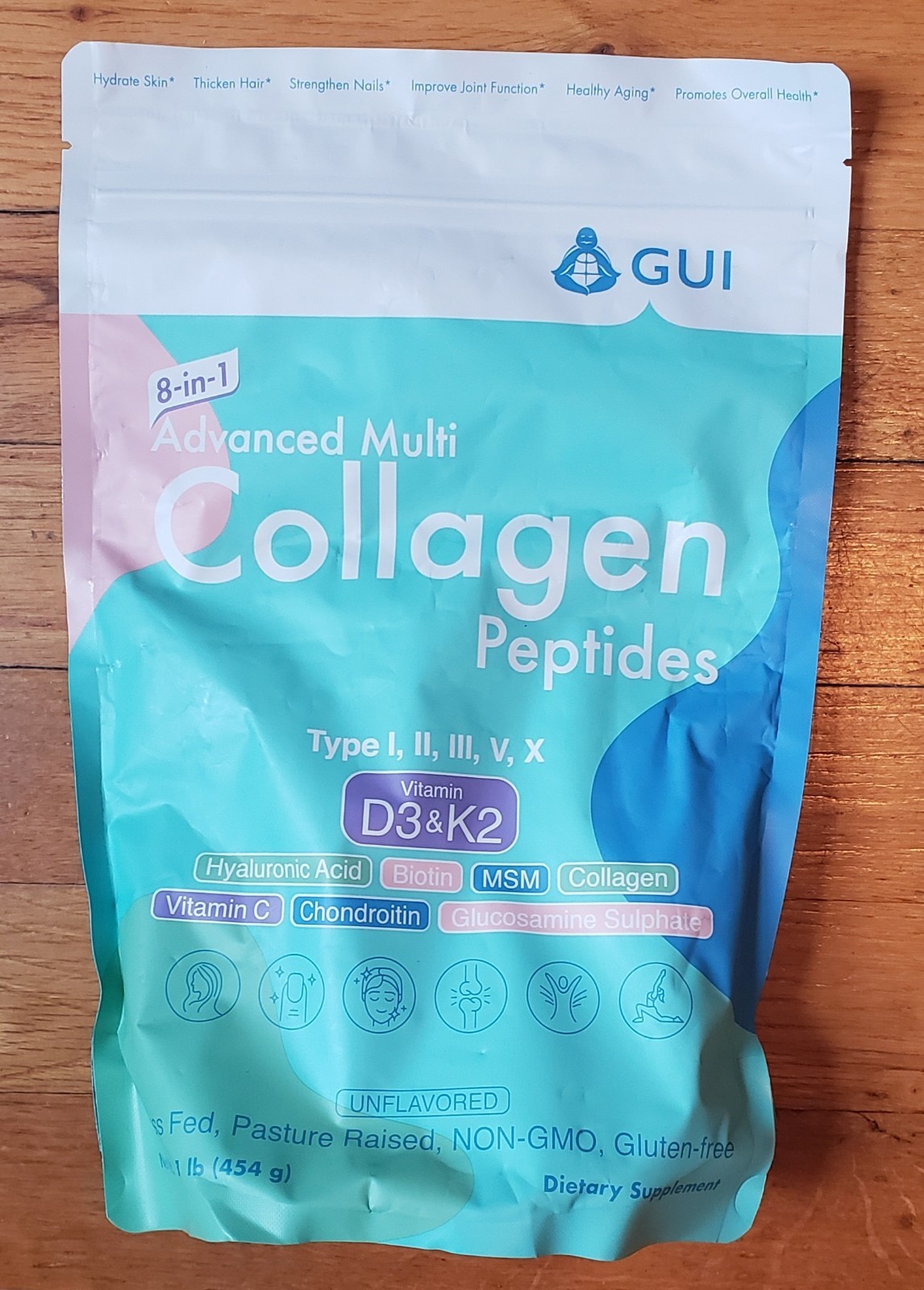 GUI Multi Collagen Peptides Powder Unflavored 1 lb D3 K2 Biotin Exp 07/2027