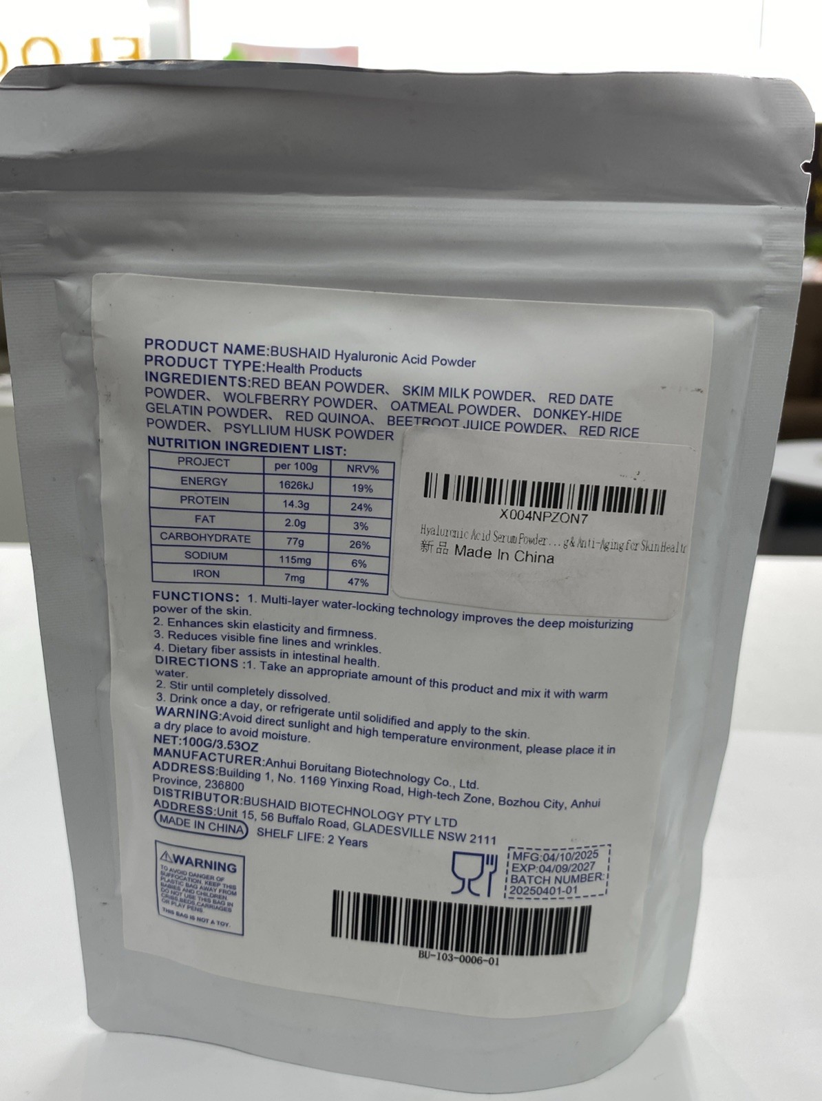 100g Bushaid Hyaluronic Acid Powder Deeply Hydrates & Increases Skin-Moisture