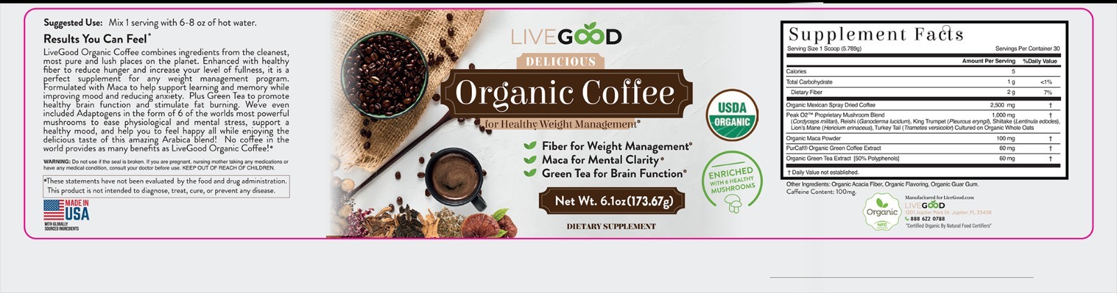 LIVE GOOD Healthy Organic Weight Management Coffee with Mushrooms