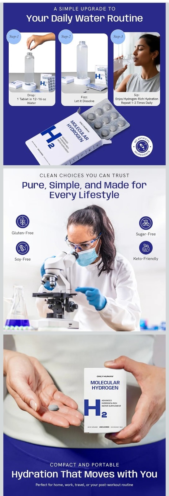 Only Human Molecular Hydrogen H2 Unflavored Effervescent Tablets 30 Ct Keto