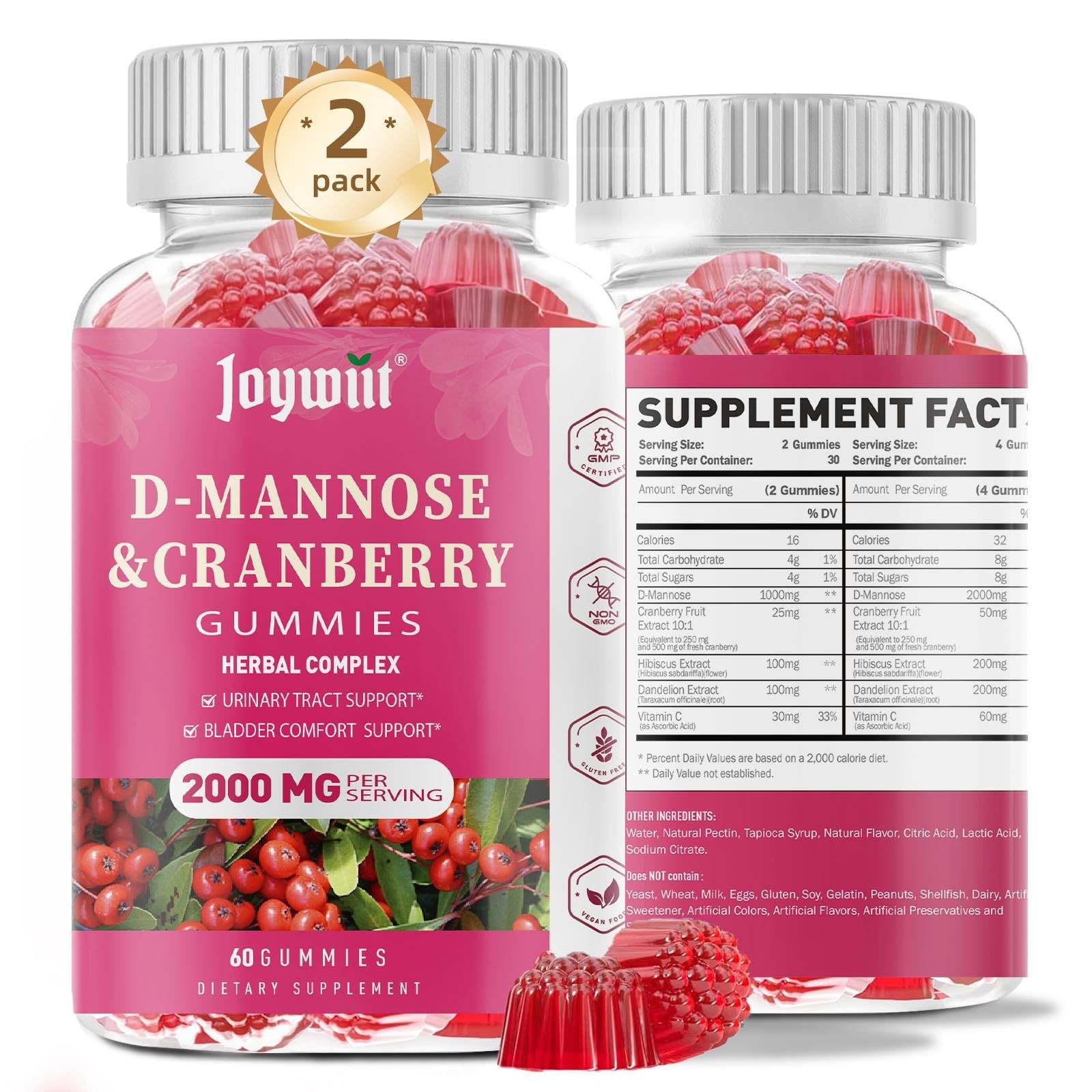 Joywiit D-Mannose Gummies 2000mg with Cranberry 500mg & 120 Count (Pack of 1)