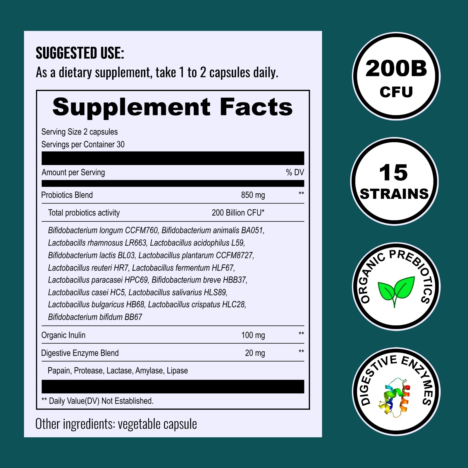 Probiotics 200 Billion CFU for Digestive & Immune Health 60 Vegan Capsules