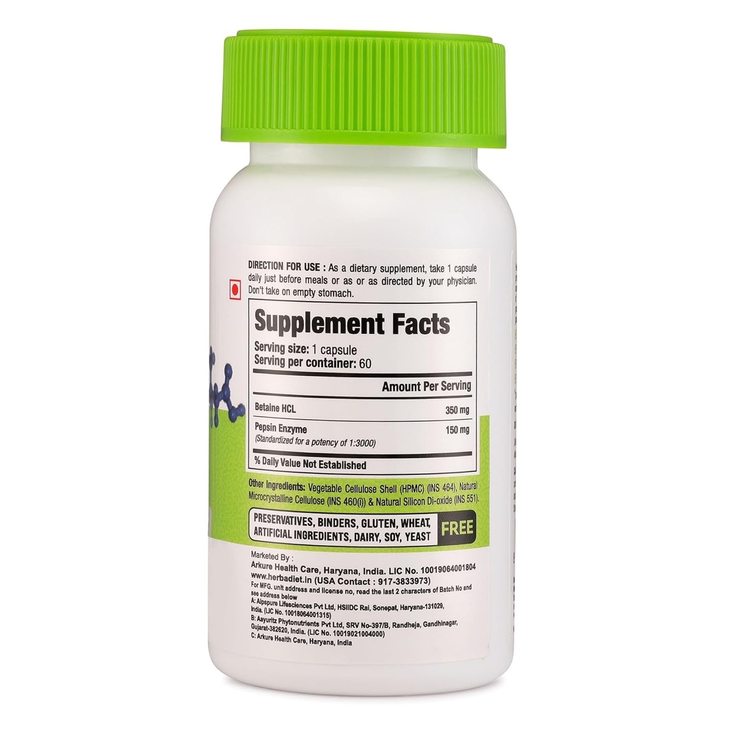 Herbadiet Betaine HCL Pepsin Digestive Aid Gut Health 60 Veg Capsules- FREE SHIP