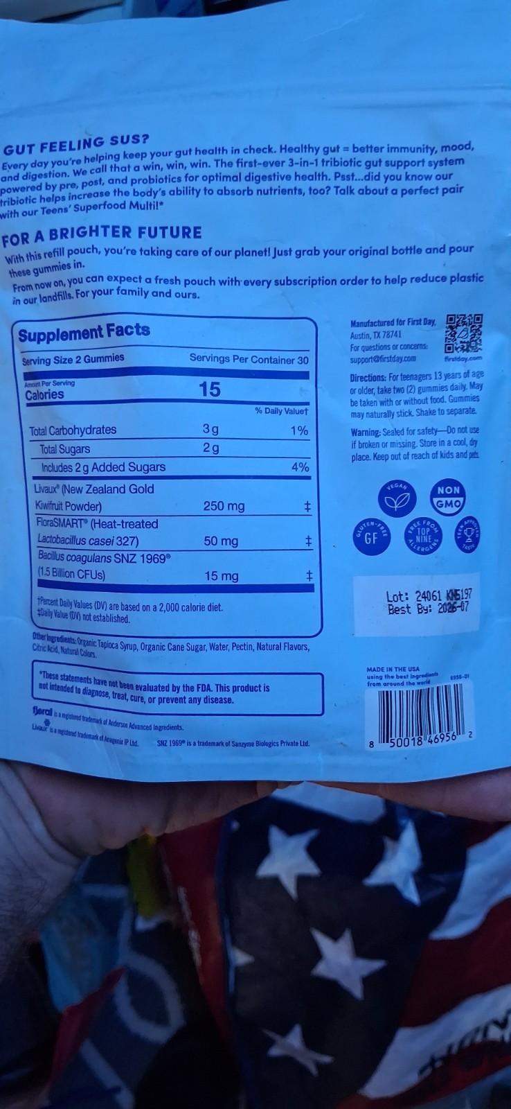 first day Teens Probiotic Gummies Digestive & Immune Support Vegan 60 Ct