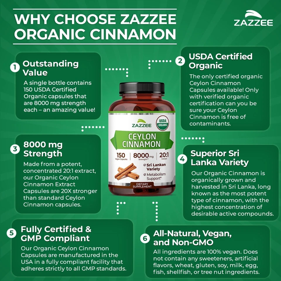 USDA Organic Ceylon Cinnamon 20:1 Extract, 150 Vegan Capsules, 5 Month Supply