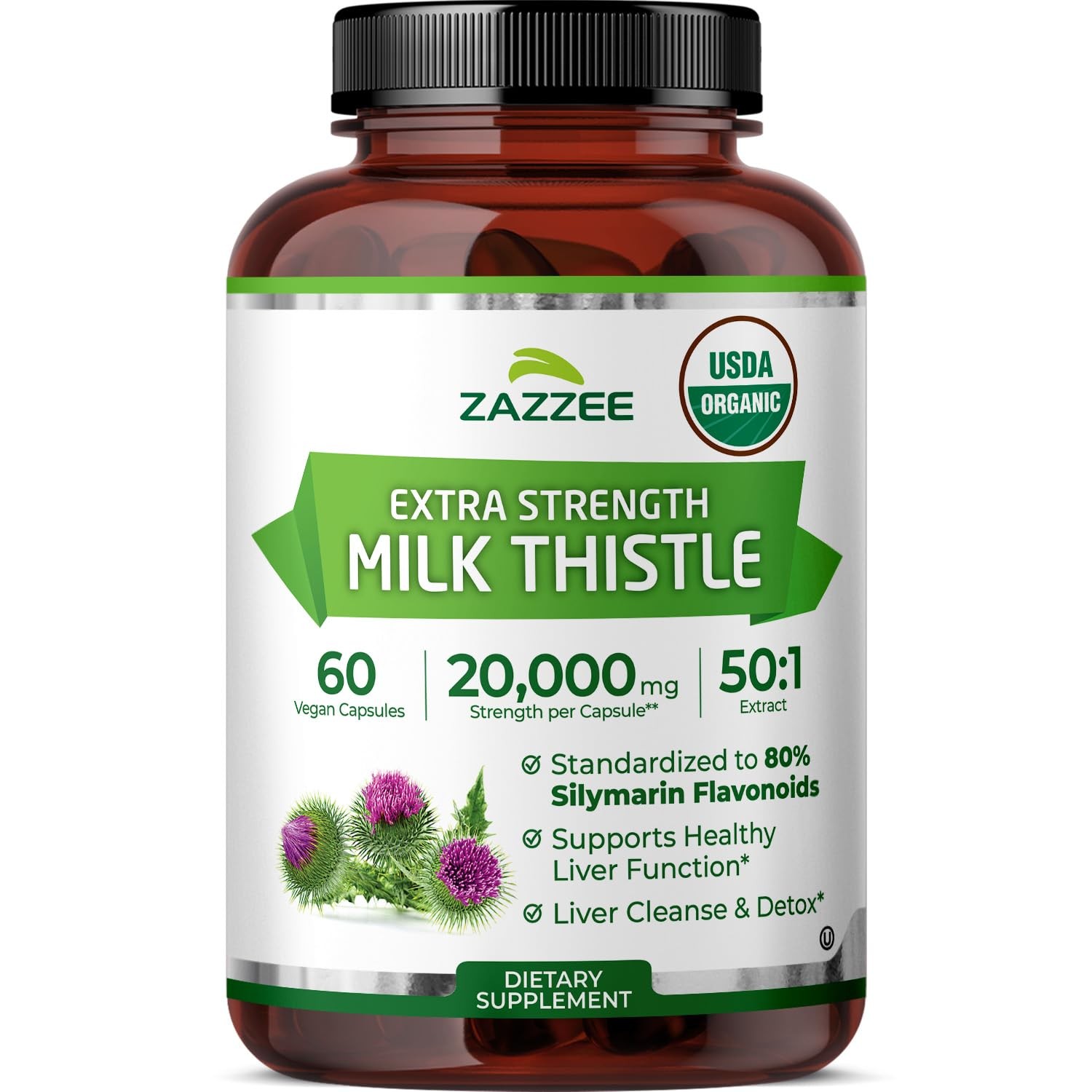 USDA Organic Milk Thistle 50:1 Extract, 80% Silymarin Flavonoids, 60 Capsules