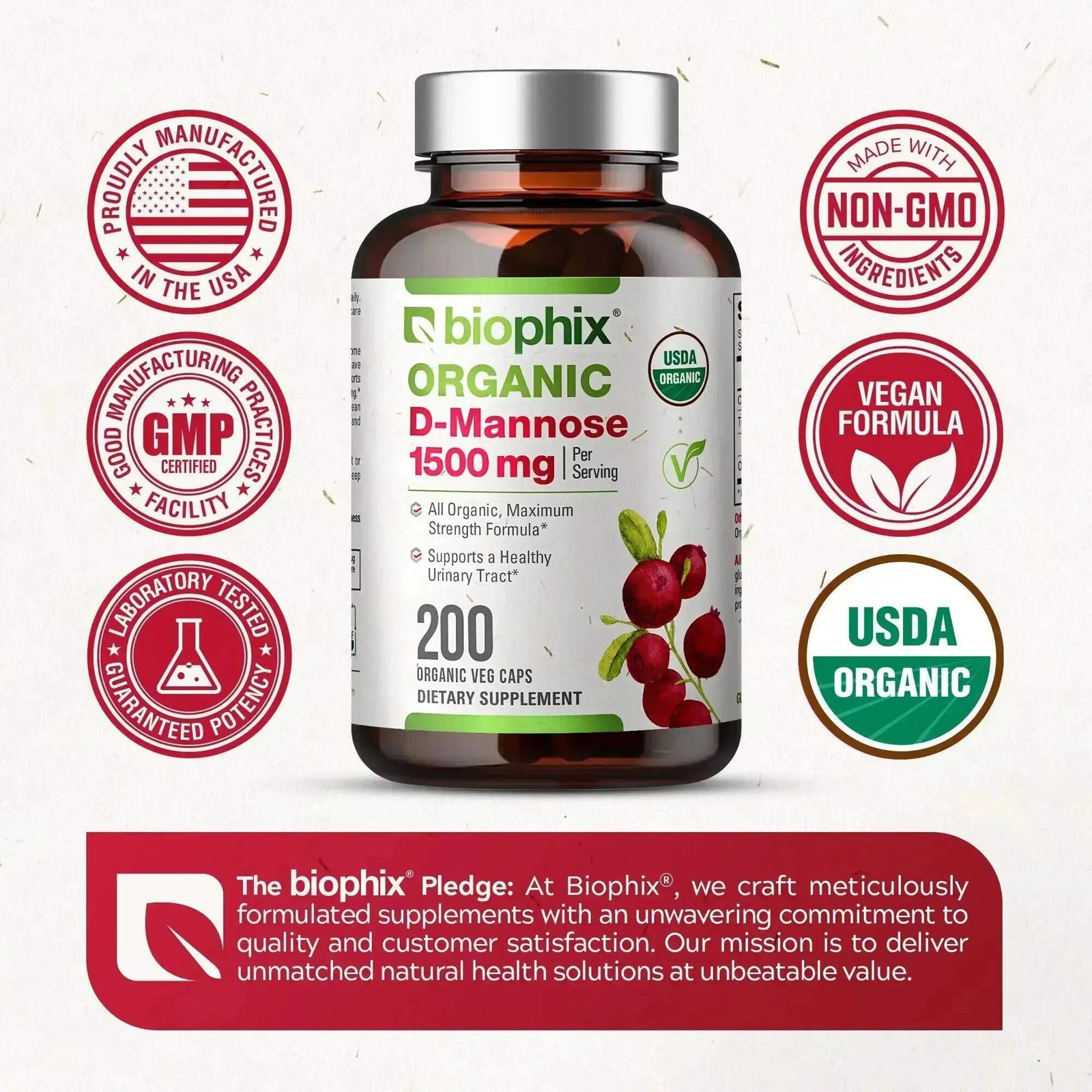 biophix D-mannose USDA Organic 1500 mg 200 Vegetarian Capsules