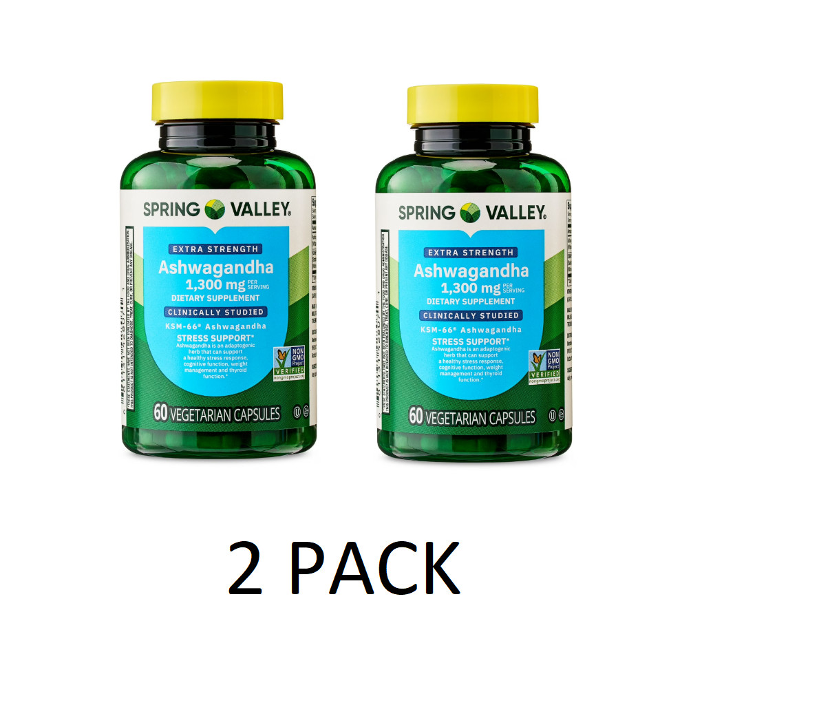 2 PACK Spring Valley Extra Strength Ashwagandha Vegetarian Capsules, 1300 mg