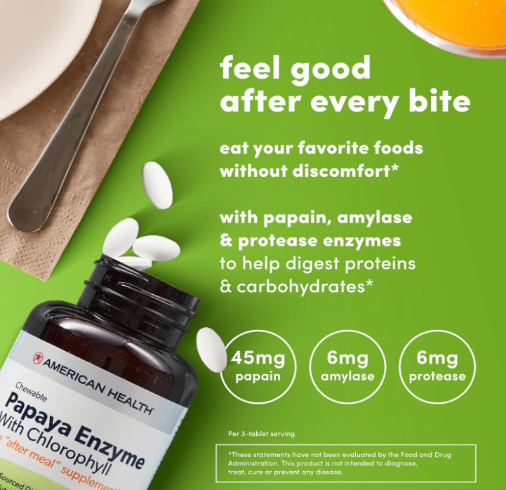 American Health Papaya Enzyme with Chlorophyll Chewable Tablets Digestive Diet