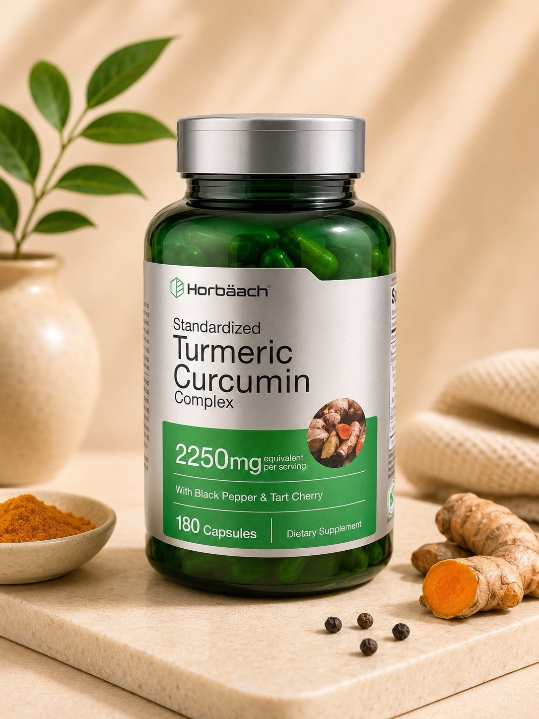 Turmeric Curcumin Complex 2250mg w/ Black Pepper & Tart Cherry 180 Caps BB 1/28