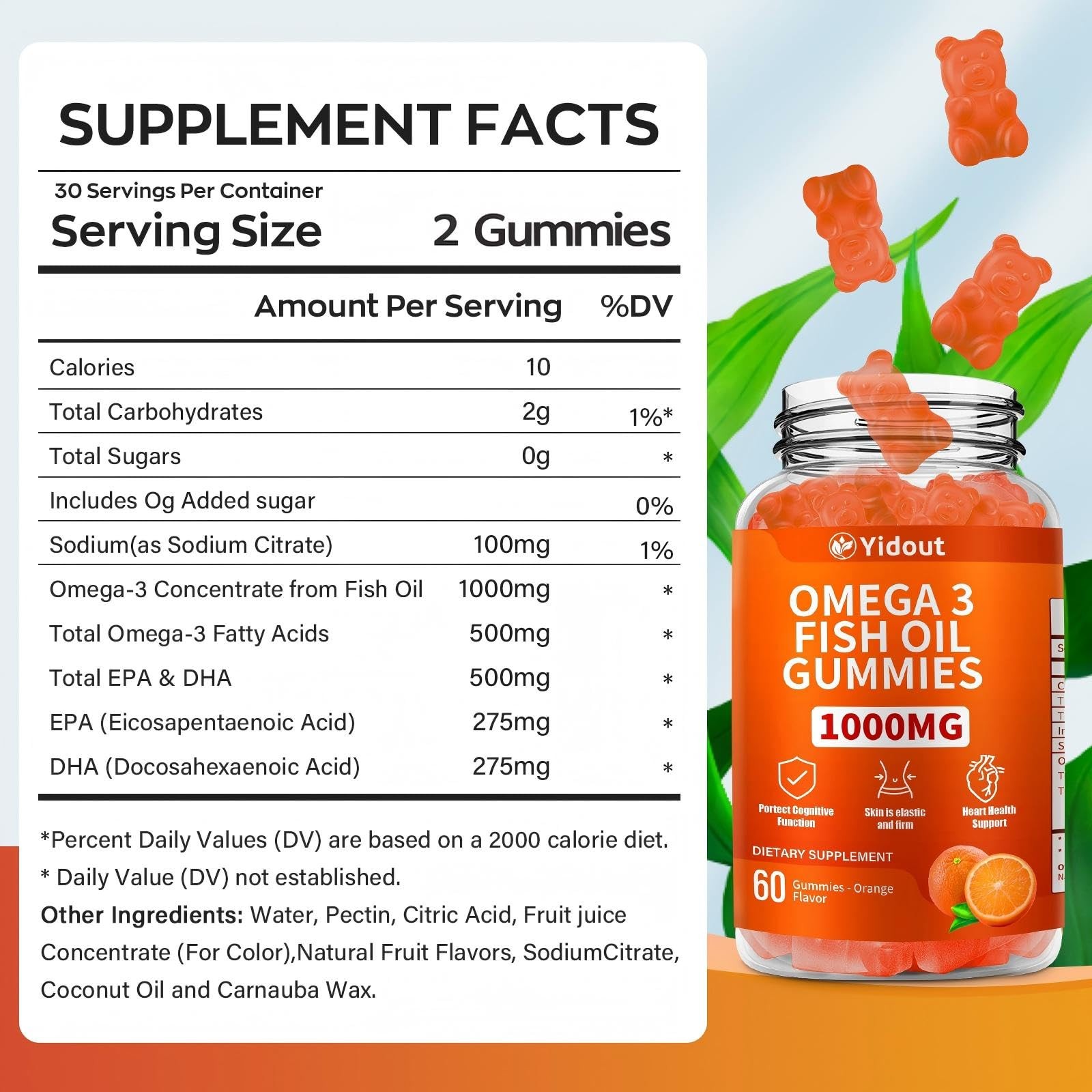 Yidout Omega 3 Fish Oil Gummies Delicious Orange Flavor Fish Oil Gummy