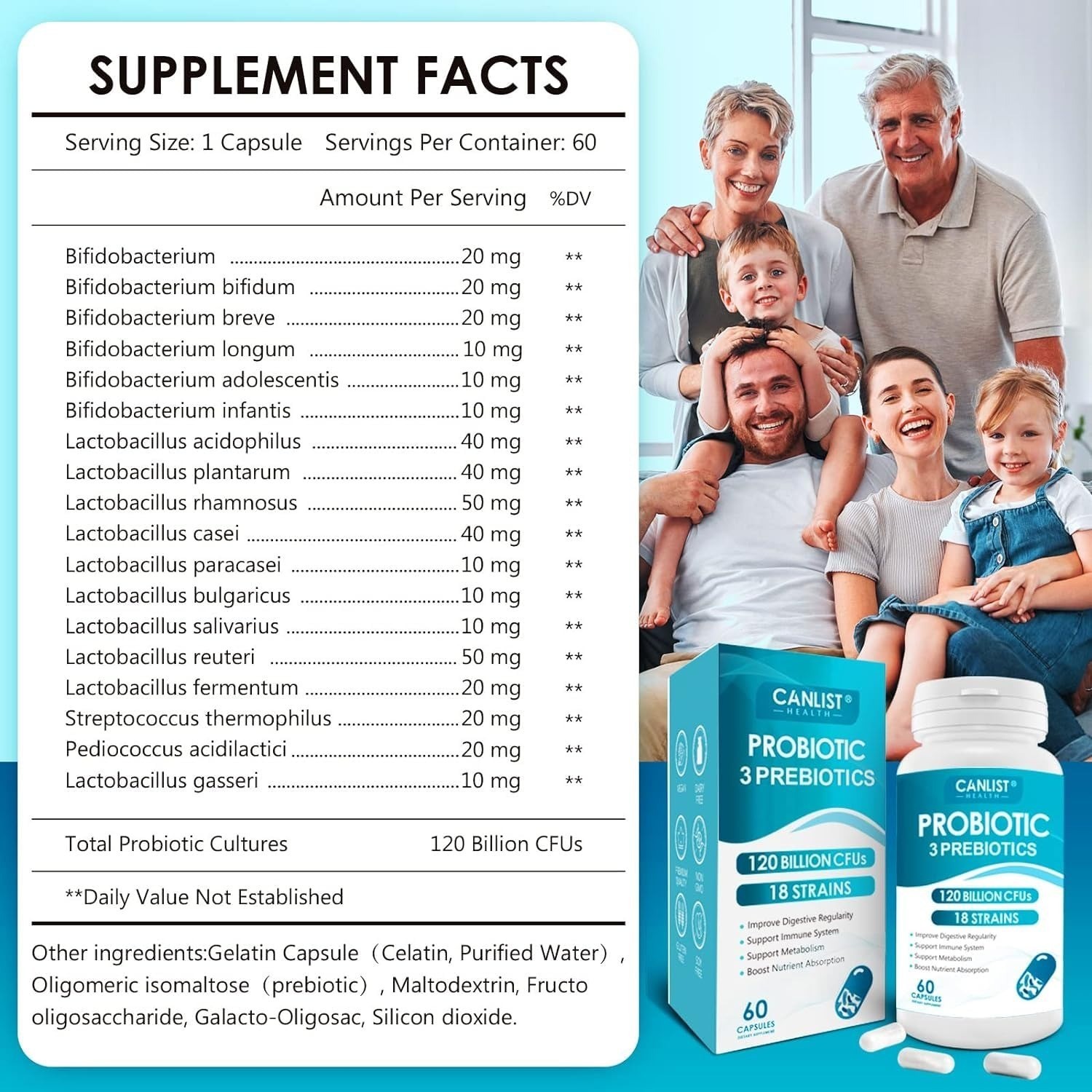 CANLIST Probiotics 120 Billion CFUs 60 Capsules Digestive Immune Support