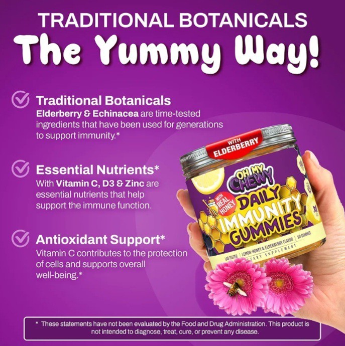 Oh My Chewy Elderberry Gummies Immunity Support Real Honey & Lemon Kids 60CT
