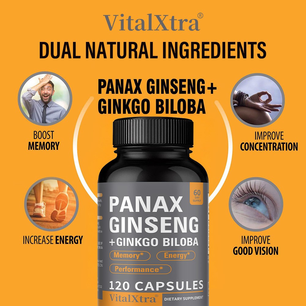 Panax Ginsen 945mg+Ginkgo Biloba 50mg Capsules – Boosts Energy, Focus, Memory