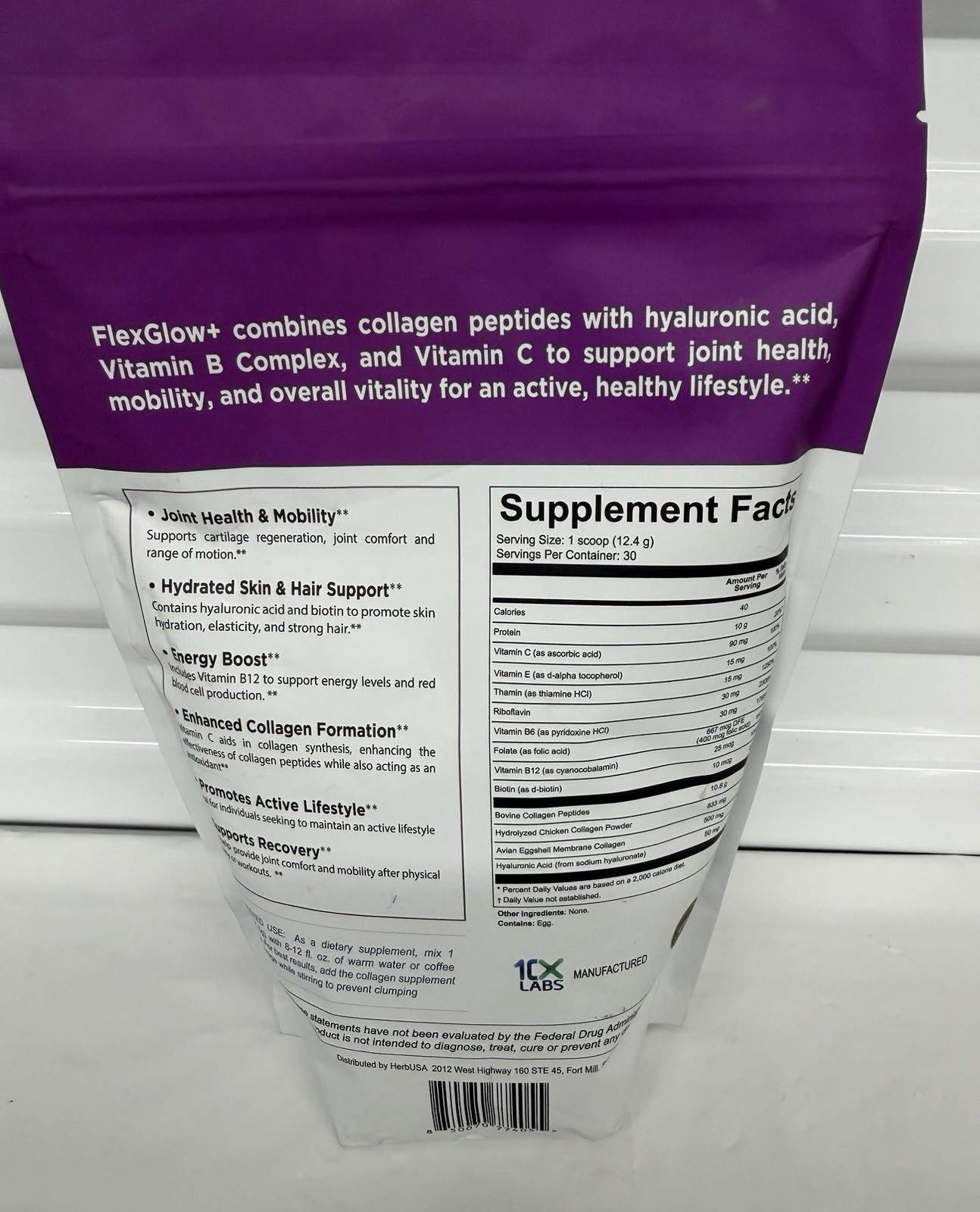HerbUSA FlexGlow+ Collagen Peptides Type I II III V X Hyaluronic Acid 30 Serv