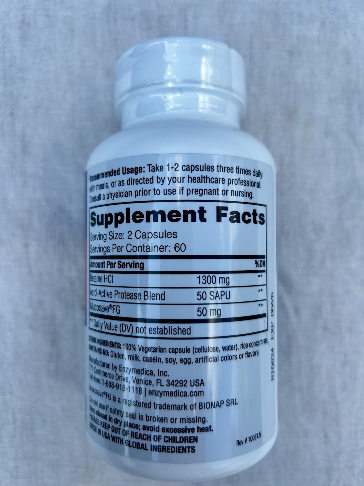 Enzymedica Betaine HCl 1300mg 120 Capsules Vegan Non-GMO Heartburn Relief