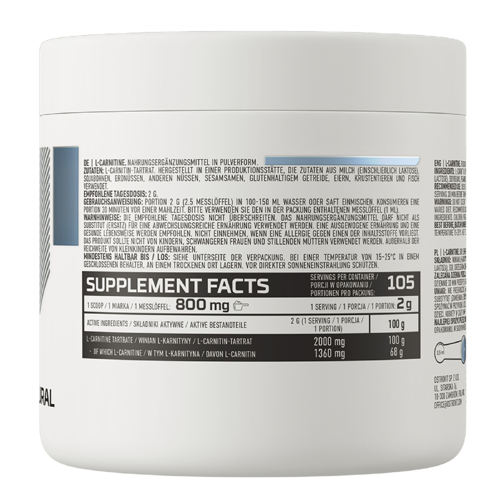 OstroVit Supreme Pure L-Carnitine 210g – 105 PORTIONS – Weight Loss – Slimming