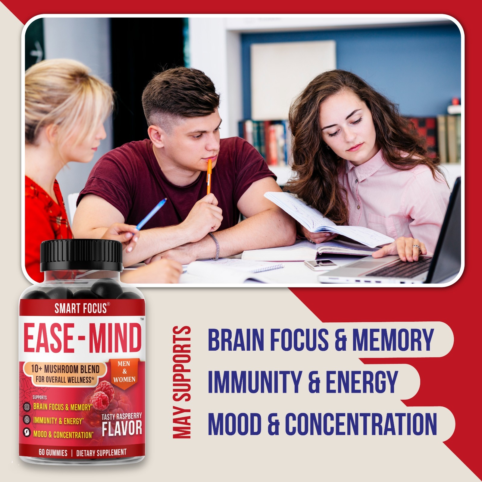 Ease-Mind Mushroom Gummies Lions Mane Reishi Cordyceps Focus Support 60ct
