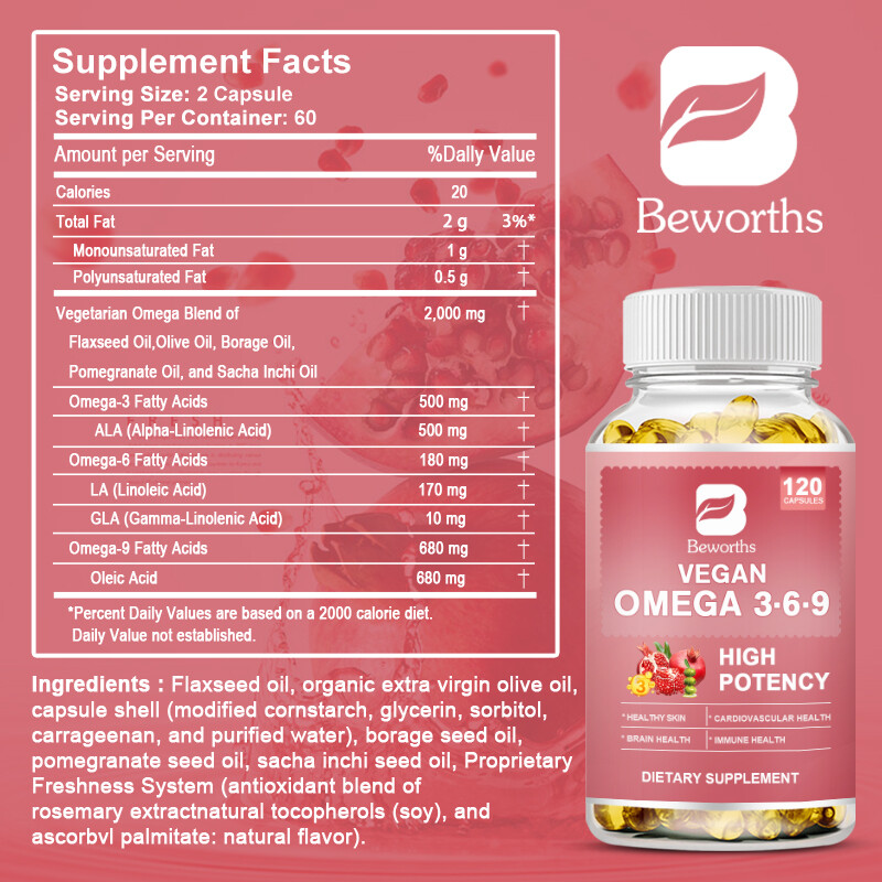 Healthy Care Omega 3 6 9 120 Capsules-Support Brain,Skin,Immune Health Non-GMO