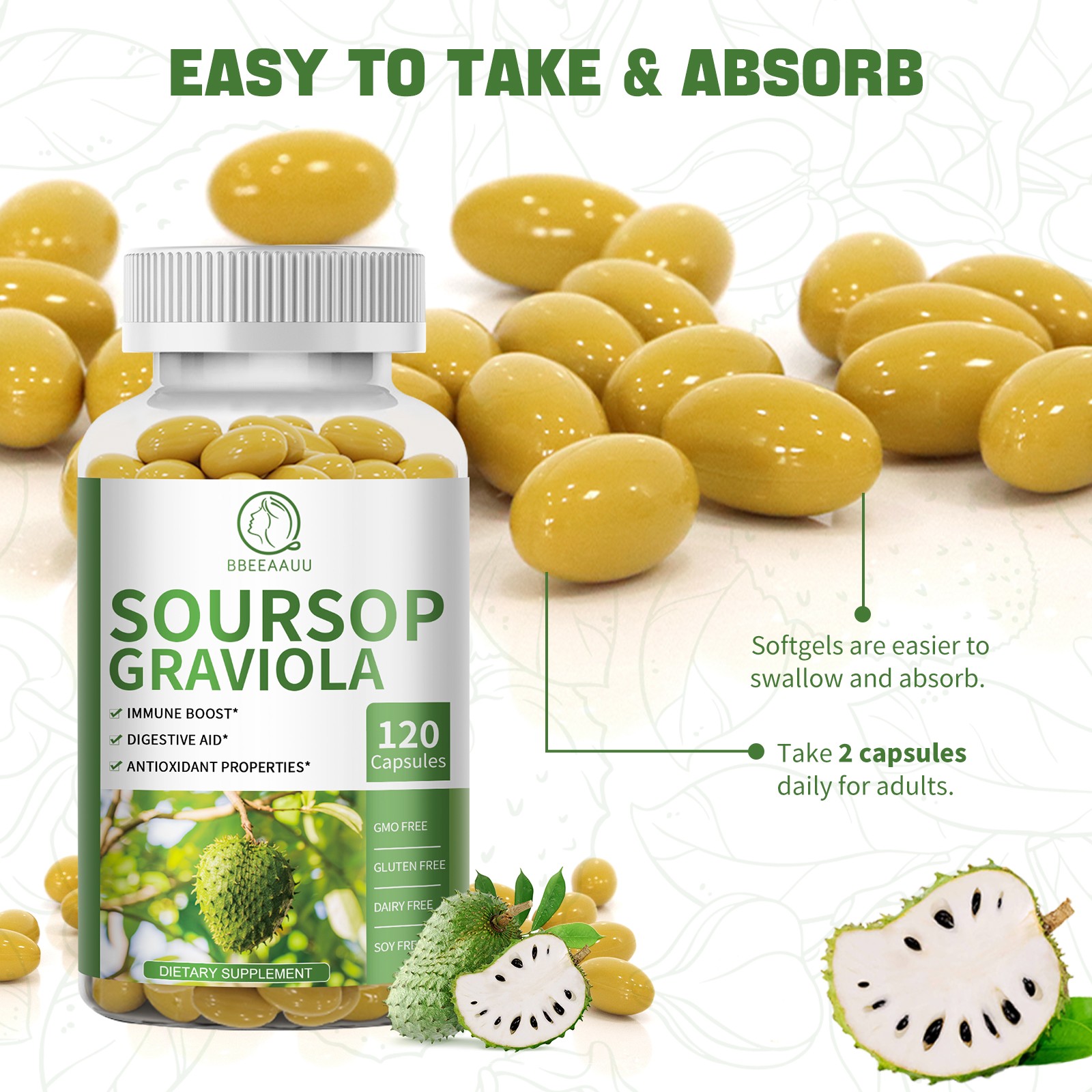 Soursop Graviola Capsules 1000mg | 120 Caps | Immune Support & Cell Regeneration