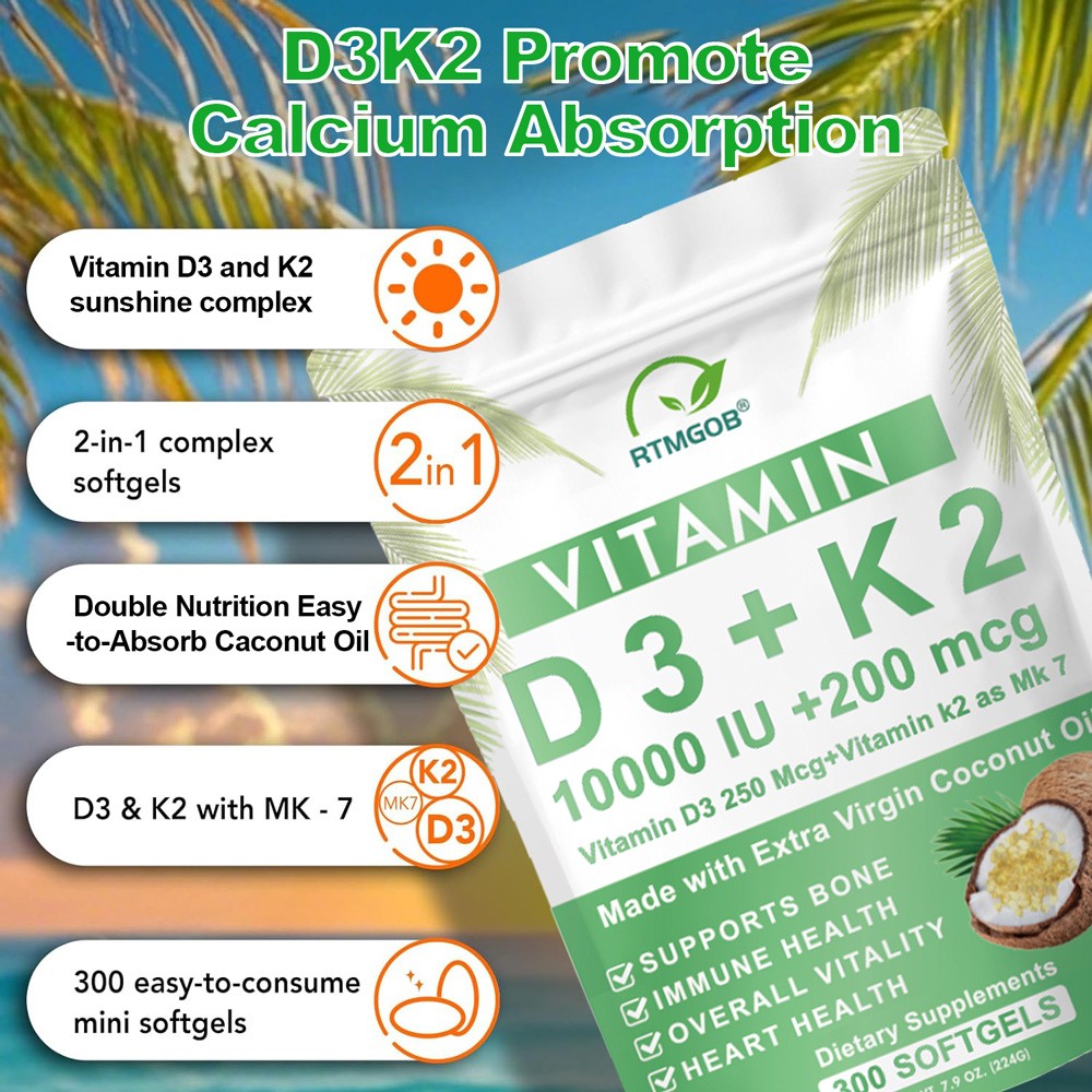 2pcs Vitamin D3 250 Mcg Vitamin K2 as Mk7 10000 IU 200 mcg Dietary Supplements