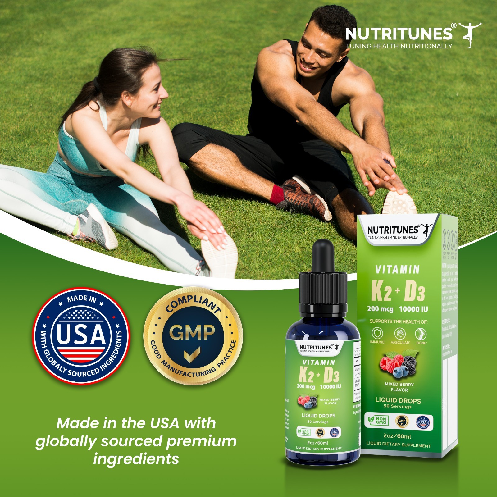 Vitamin D3 K2 Liquid Drops 10000 IU D3 & 200 mcg K2 – Mixed Berry – 30 Servings